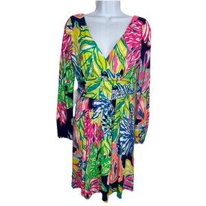 LILLY PULITZER Fleur Dress in Travelers Palm Long Sleeve Multicolor Women Medium